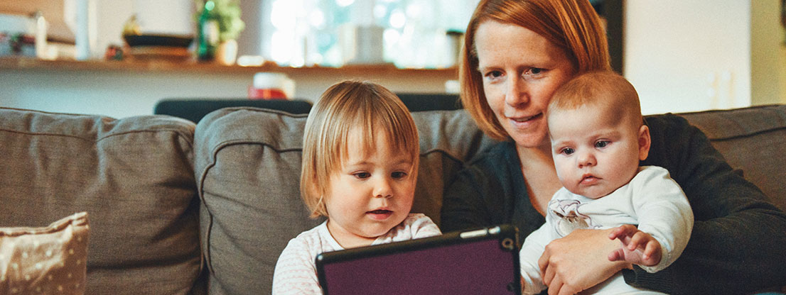 Mother with children, video call