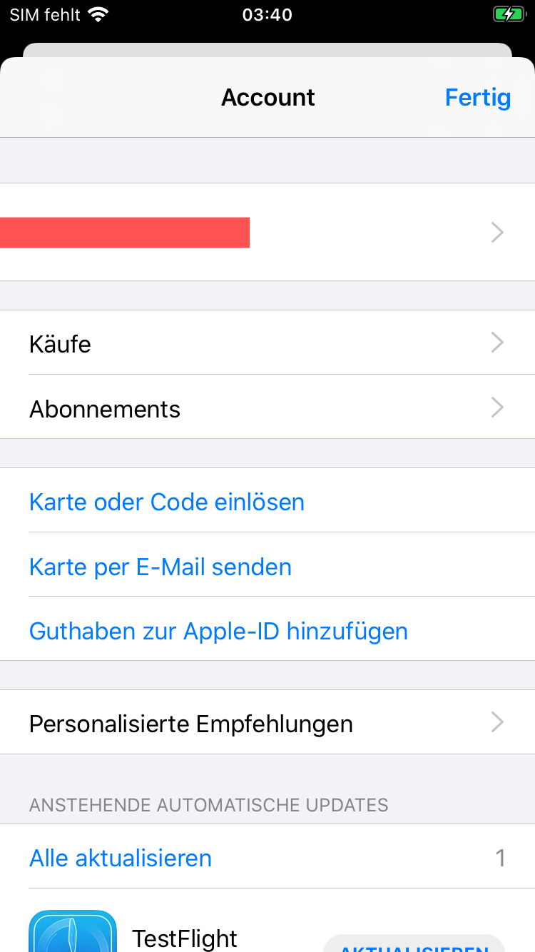 Account screen iOS