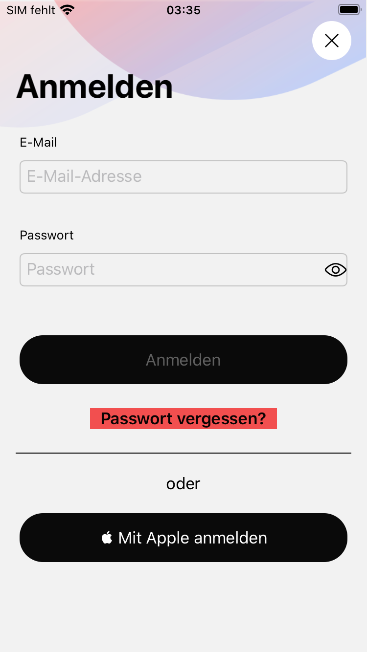 FAQ - häufig gestellte Fragen: Passwort vergessen Screen iOS
