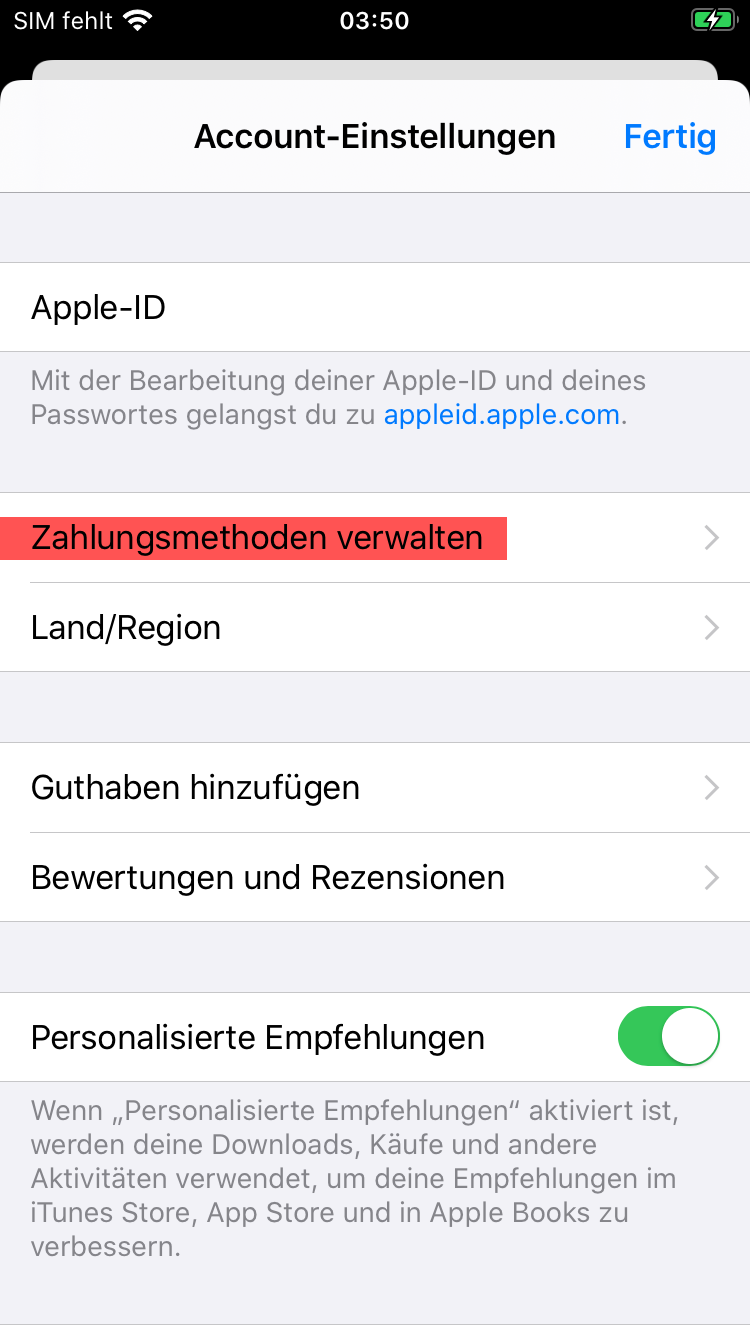 FAQ - häufig gestellte Fragen: Zahlungsmethoden verwalten Screen