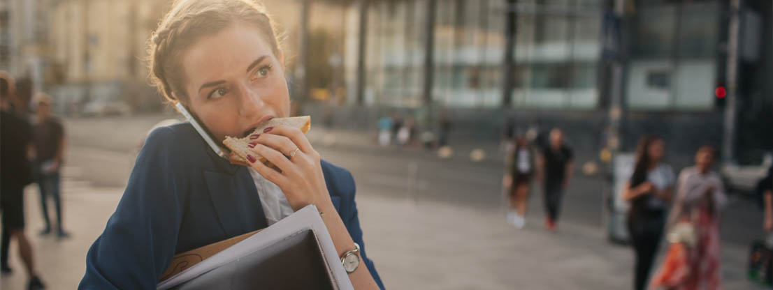 Woman on her way to work, morning routine