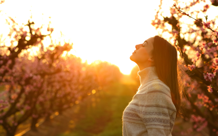 Frau steht im Sonnenlicht vor einer Allee Bäume voller Kirschblüten